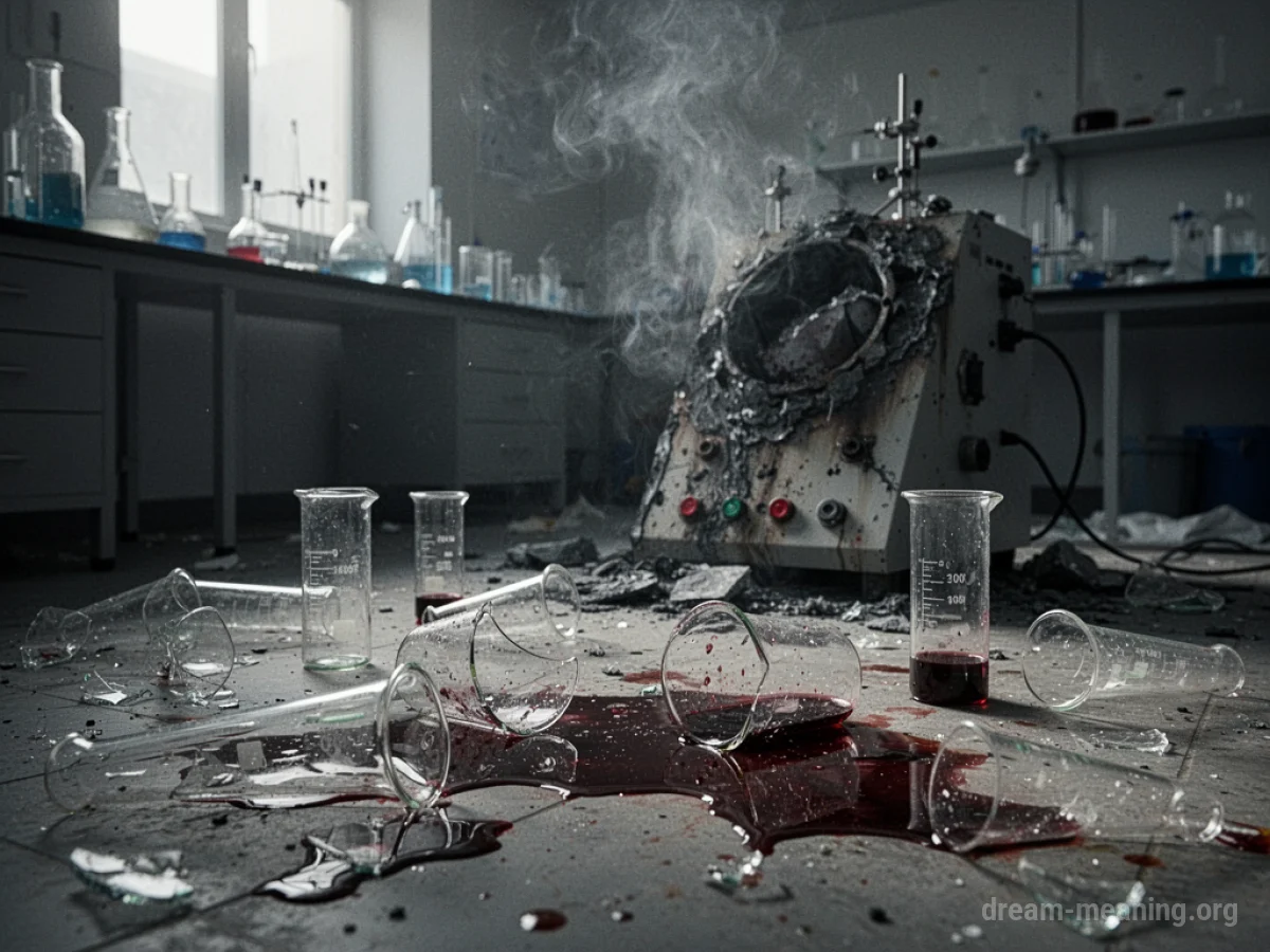 A messy laboratory with broken equipment and smoke.