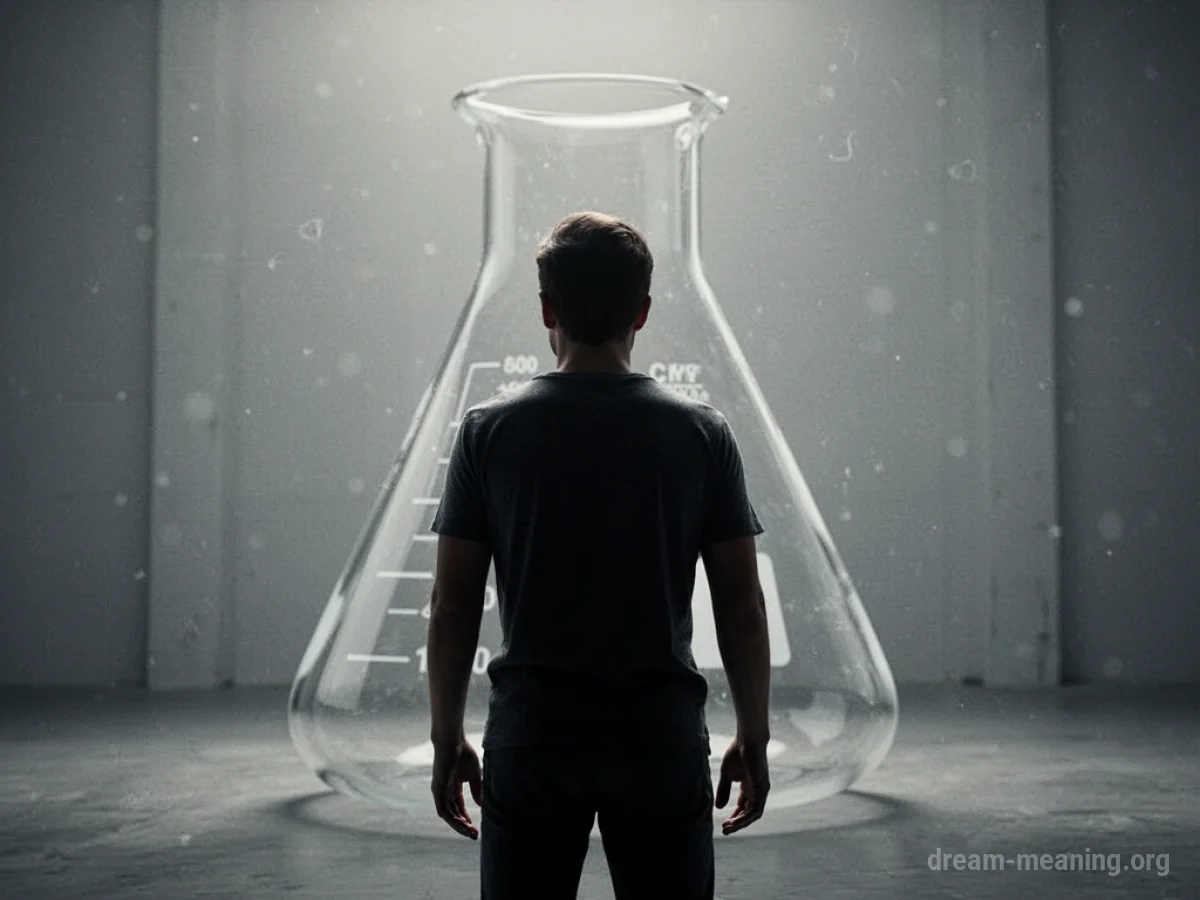 Silhouette of a person in front of a laboratory beaker outline.