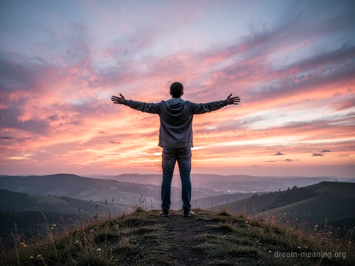 Person with arms raised on a hill, facing a colorful sky.