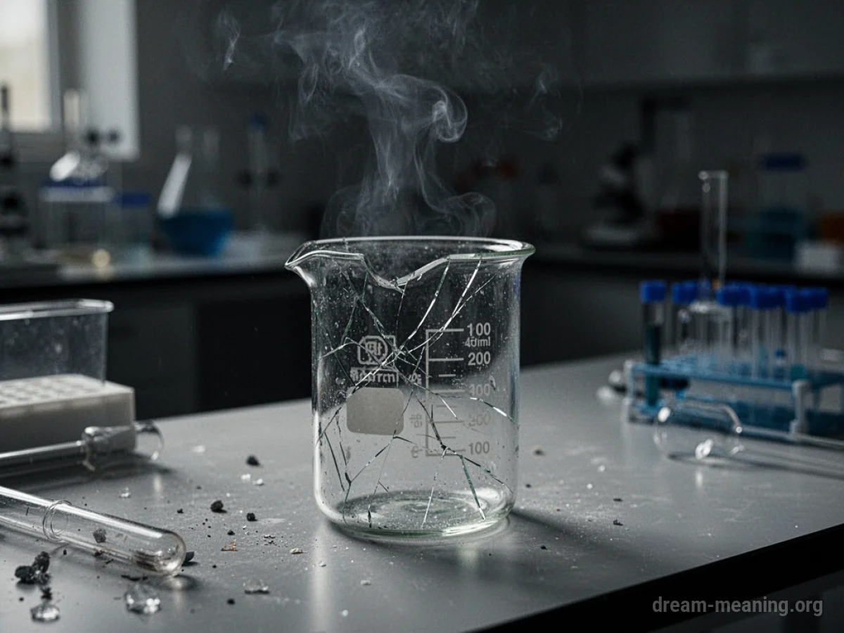 A cracked laboratory beaker with smoke.
