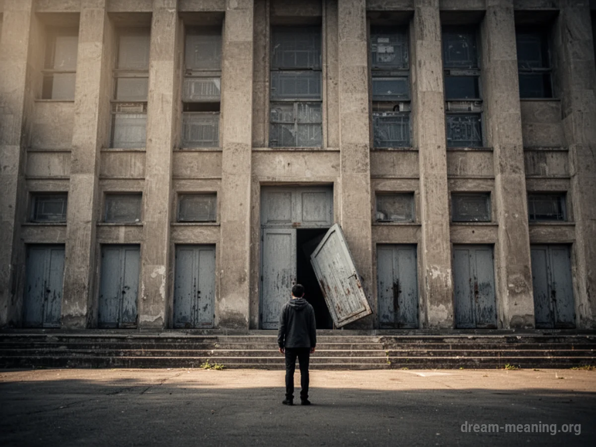 A person standing in front of a large building with many doors.