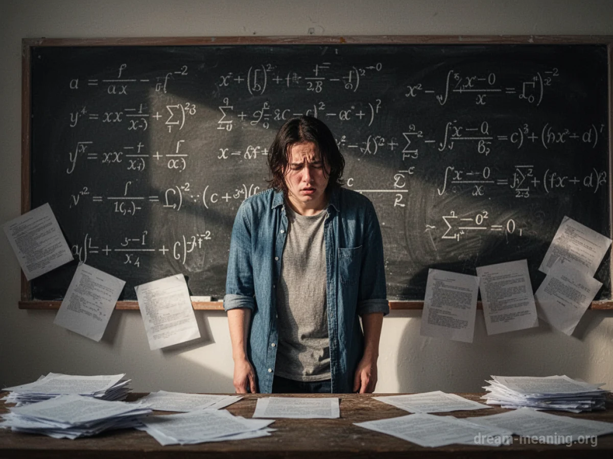 A person looking distressed at a chalkboard covered in mathematical equations.