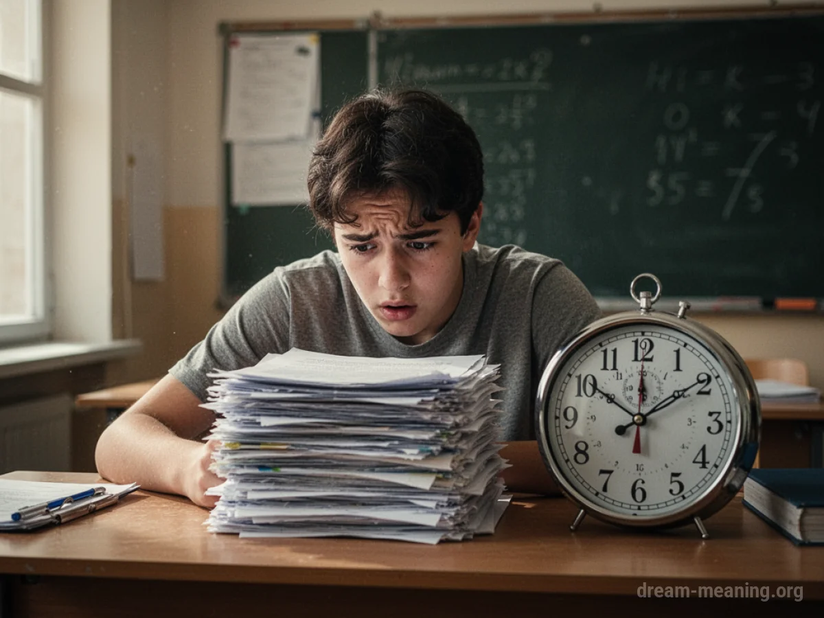 A student sitting at a desk with many papers, looking stressed.