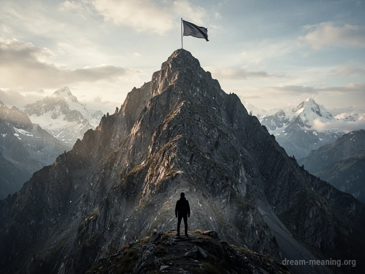 Silhouette of a person looking up at a distant mountain peak.