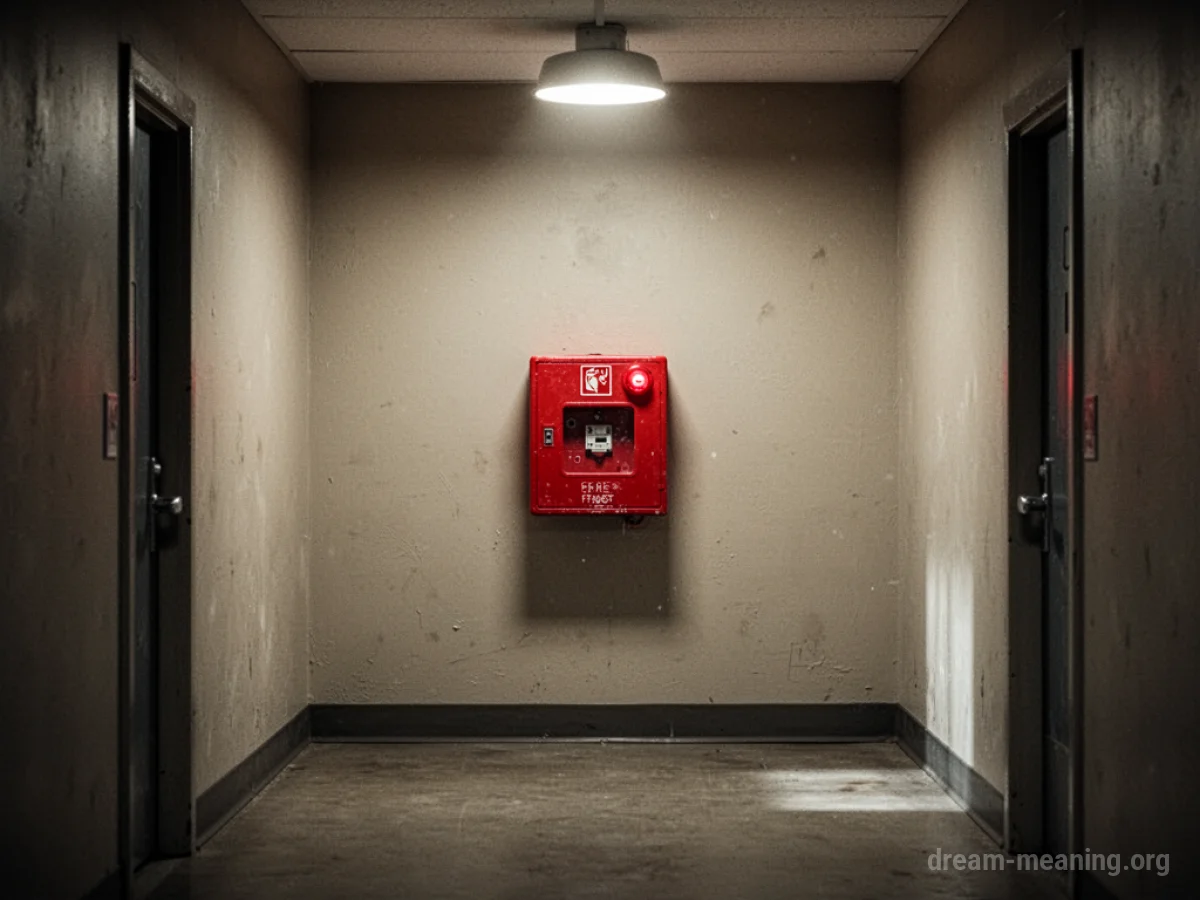 A red fire alarm pull station mounted on a beige wall in an empty corridor.