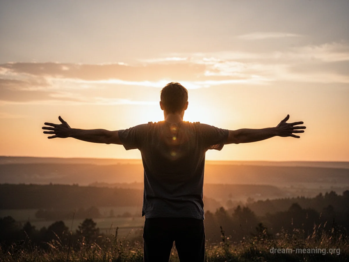 Silhouette of a person with arms open towards a sunrise.