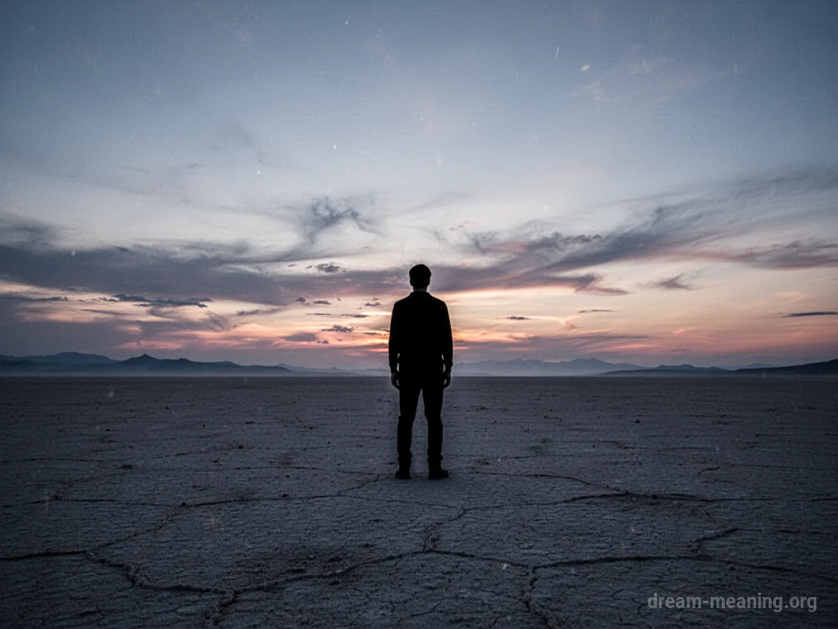 A lone silhouette figure stands in a vast, empty landscape.