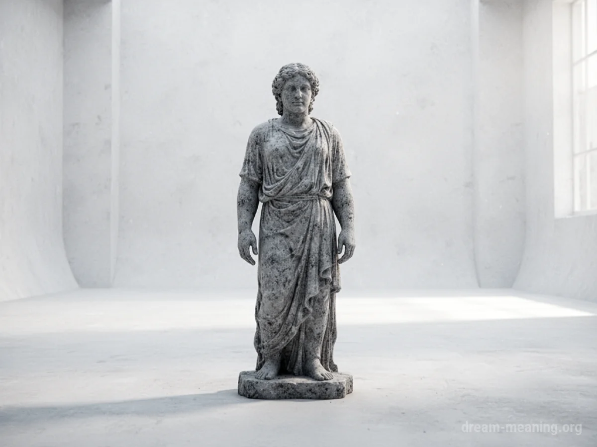 A grey, stone statue of a person in a blank white expanse.