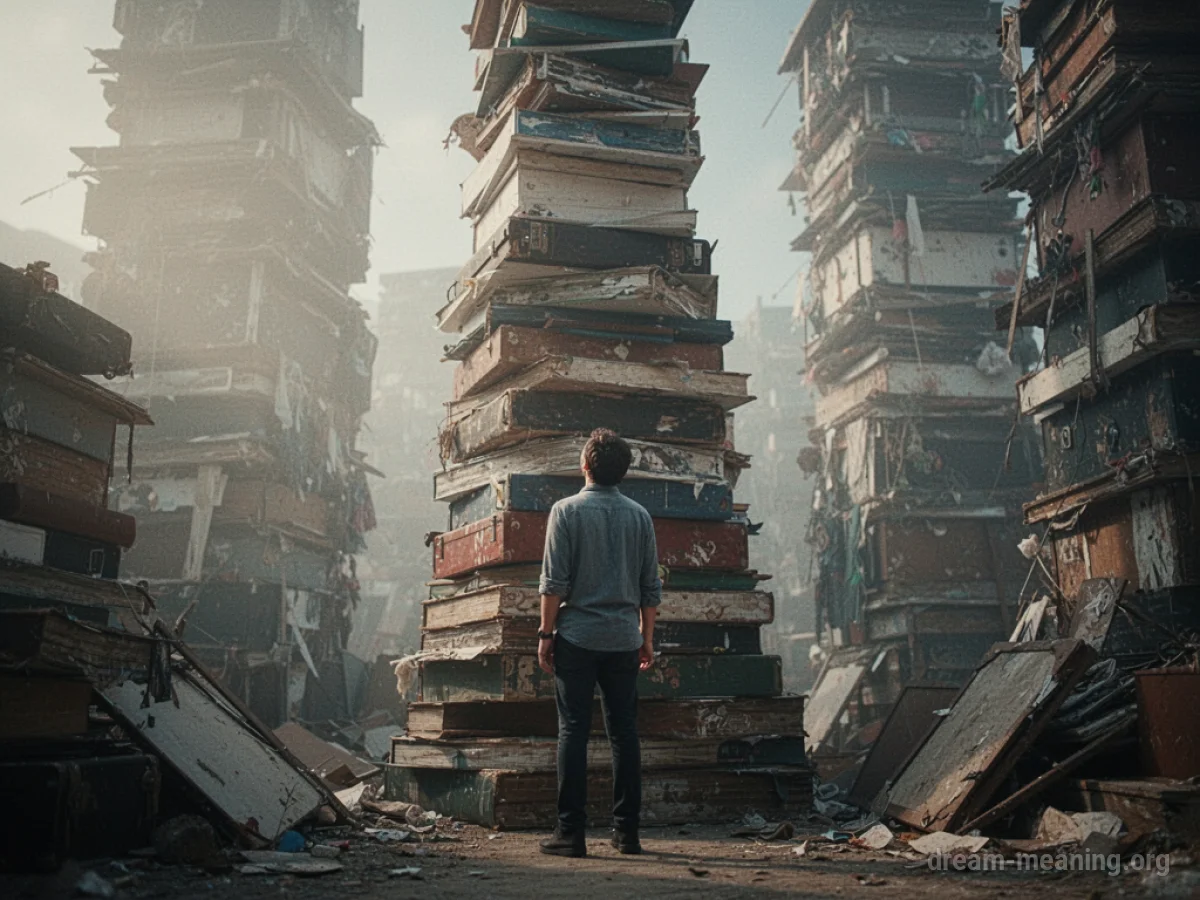 Person dwarfed by a large pile of miscellaneous items.