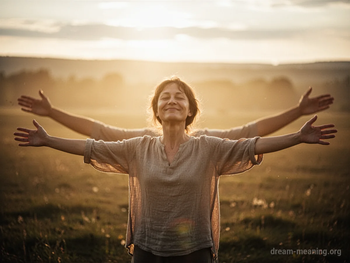 Person with arms raised in sunlight with a smile.
