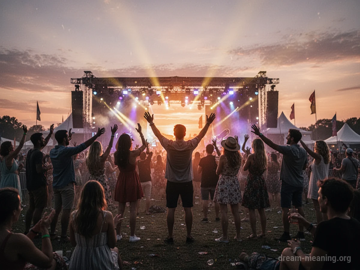 Silhouettes of people enjoying a festival with colorful lights and a sunset.