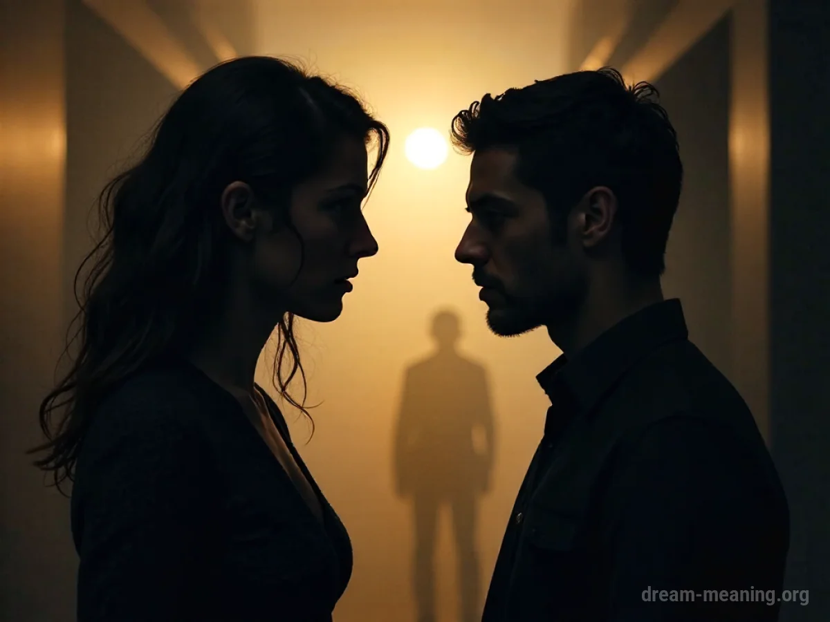 Two silhouetted figures facing each other with a hazy background.