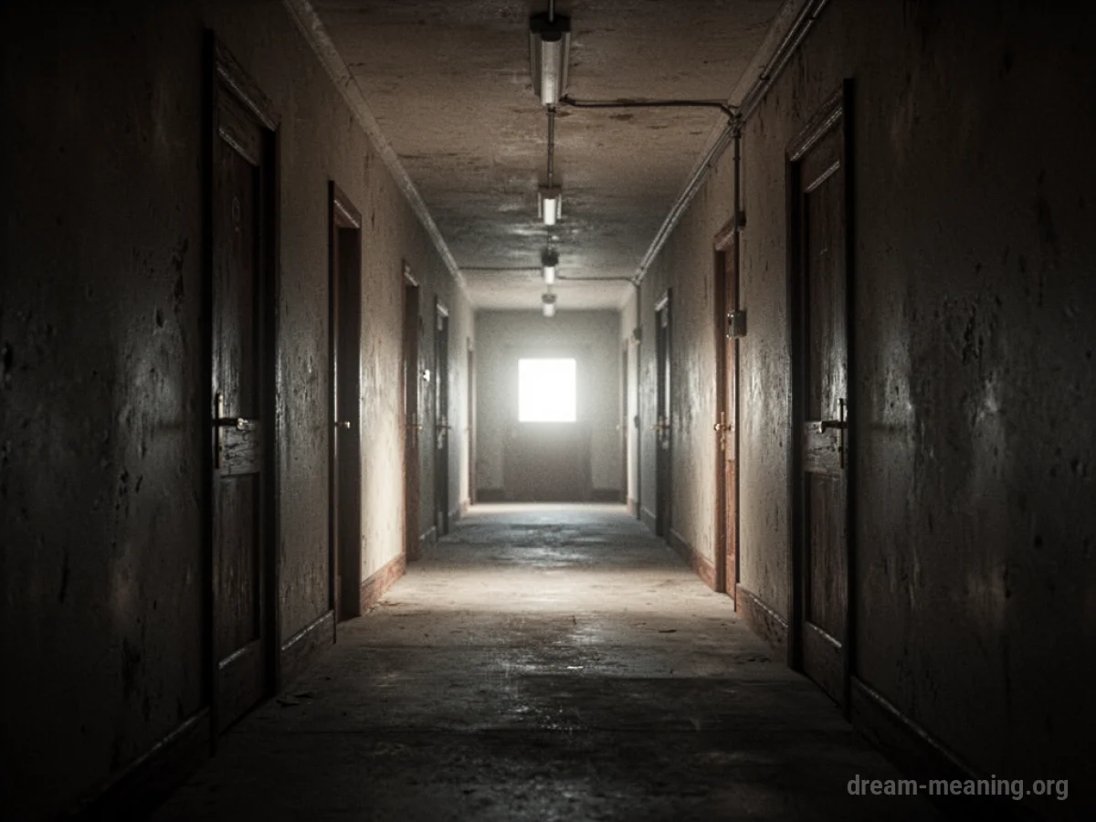 A person walking towards a light at the end of a dark hallway.