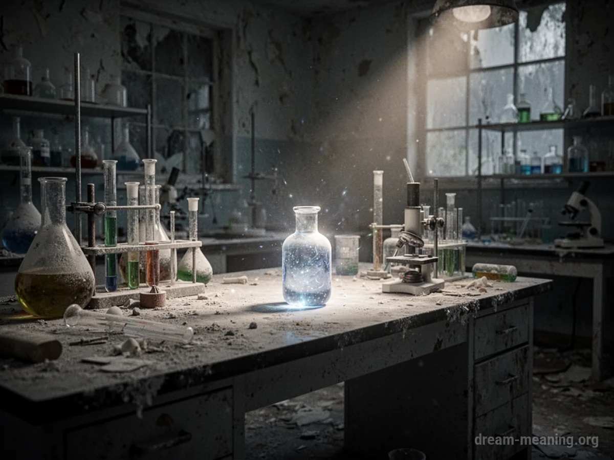 An old, dusty laboratory interior with scientific equipment and a single glowing vial.