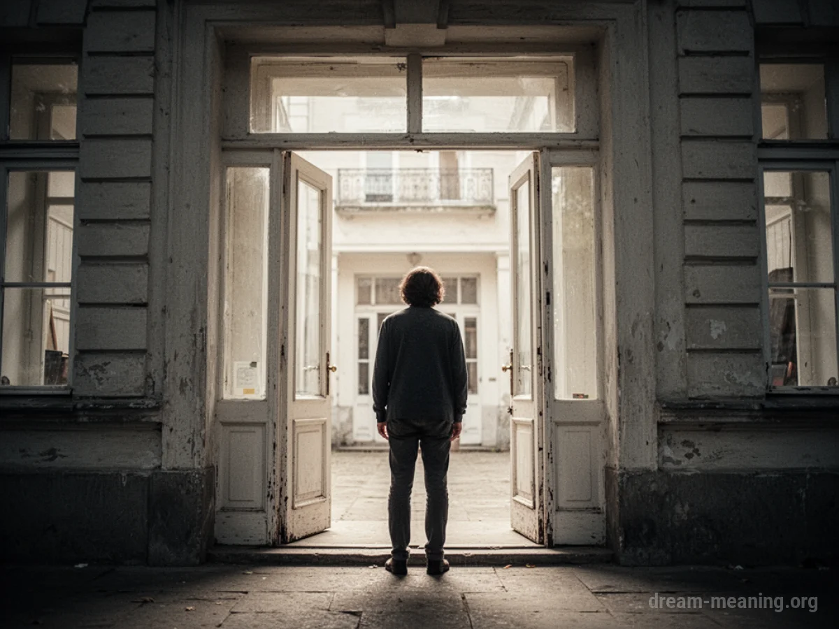 Silhouette of a person standing before an open doorway.