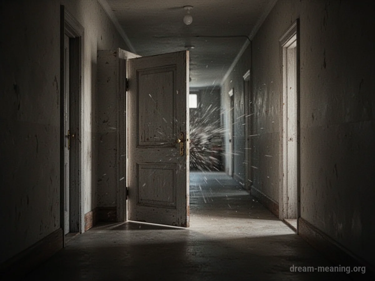 A closed door at the end of a hallway.