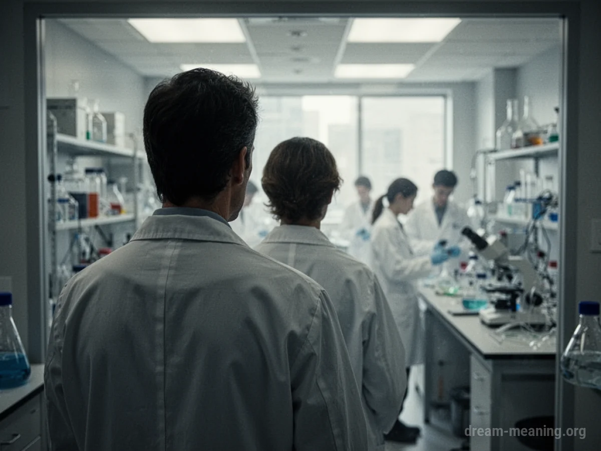 Silhouette of a person looking into a laboratory with scientists.