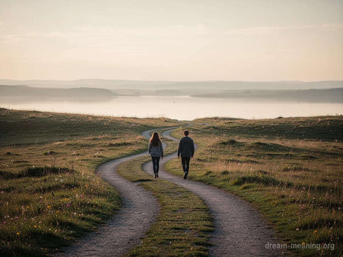Two distant figures walking on separate paths that converge towards a bright horizon.