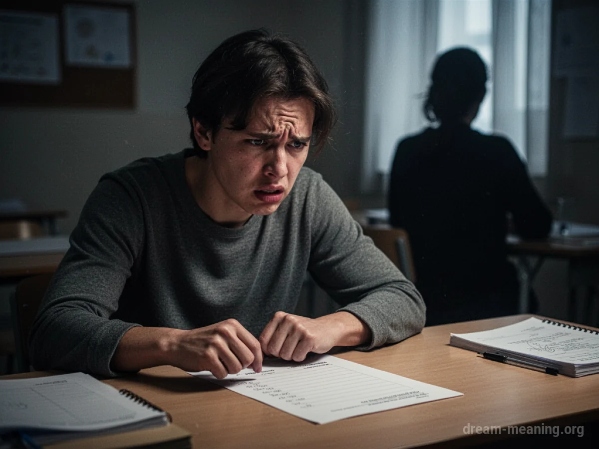 Silhouette of one person looking at an empty test paper while another person's shadow looms in the background.