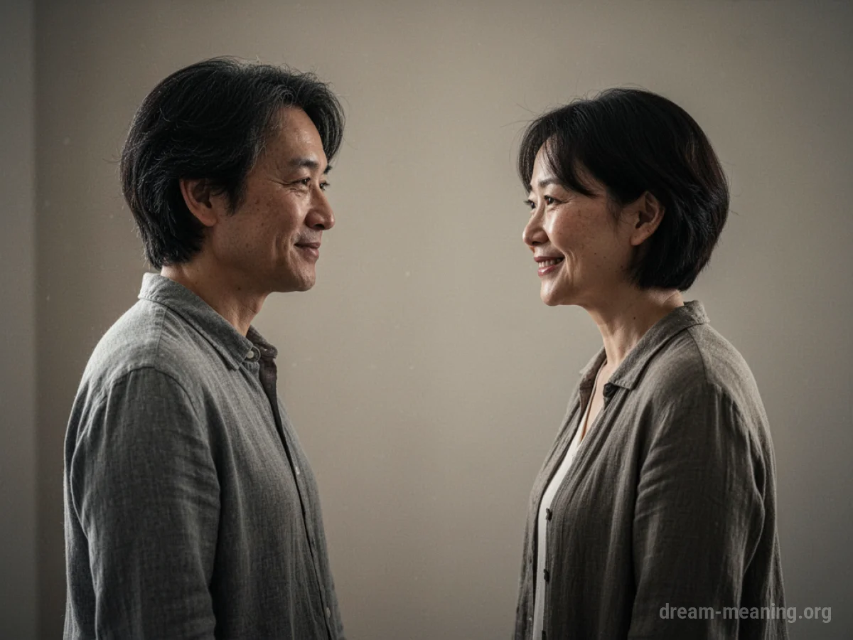 Two people standing in a gentle light, looking towards each other.