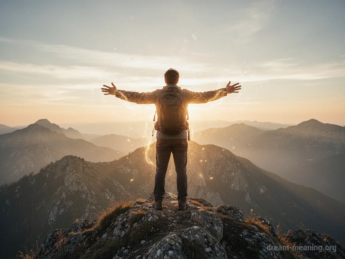 A silhouette of a person on a mountaintop facing the sun.