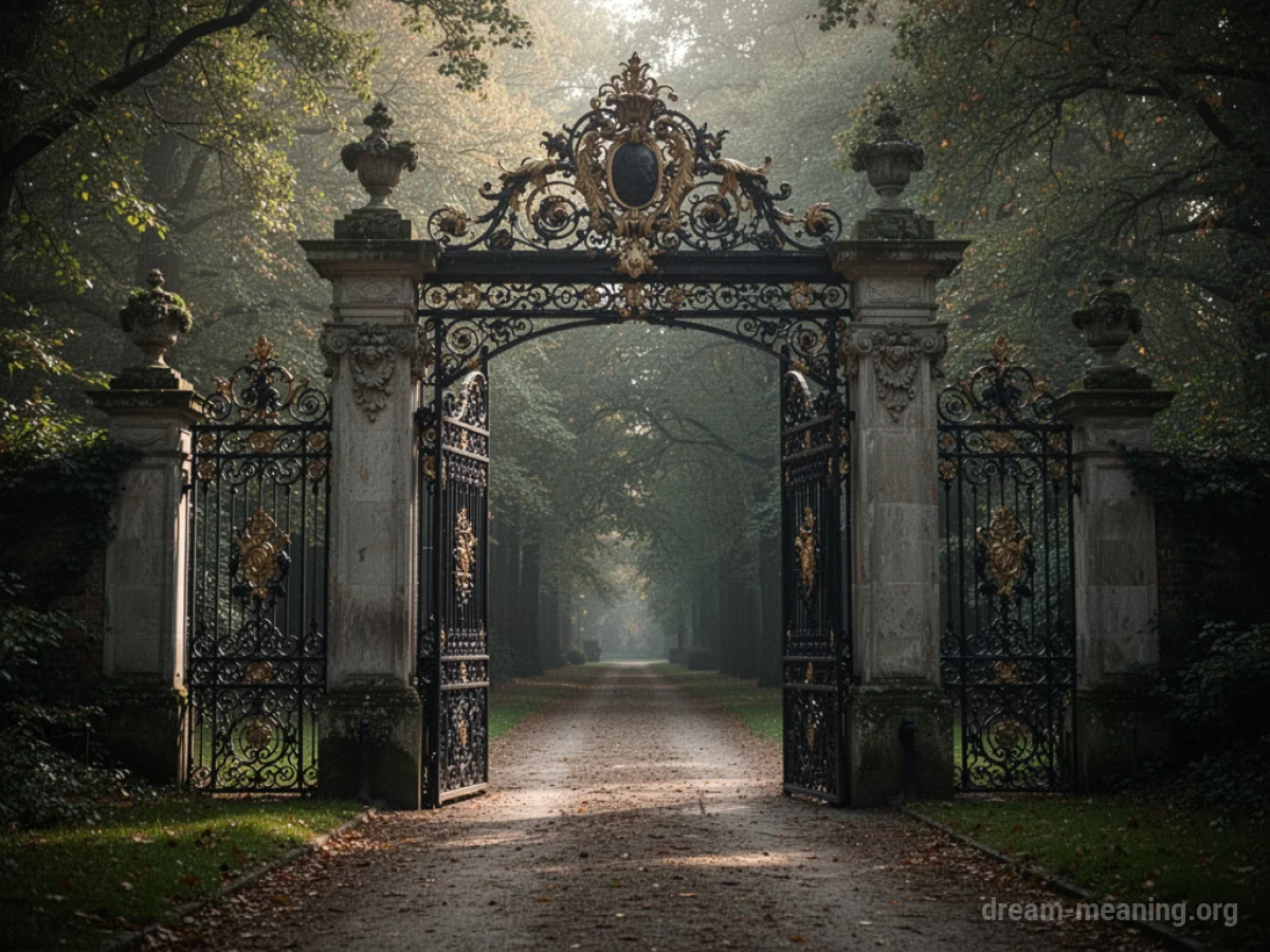 An open, ornate gate with a path beyond.