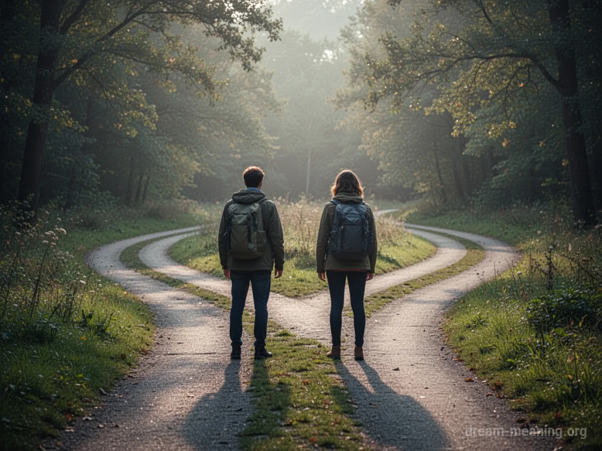 Two silhouetted figures standing at a fork in a path.