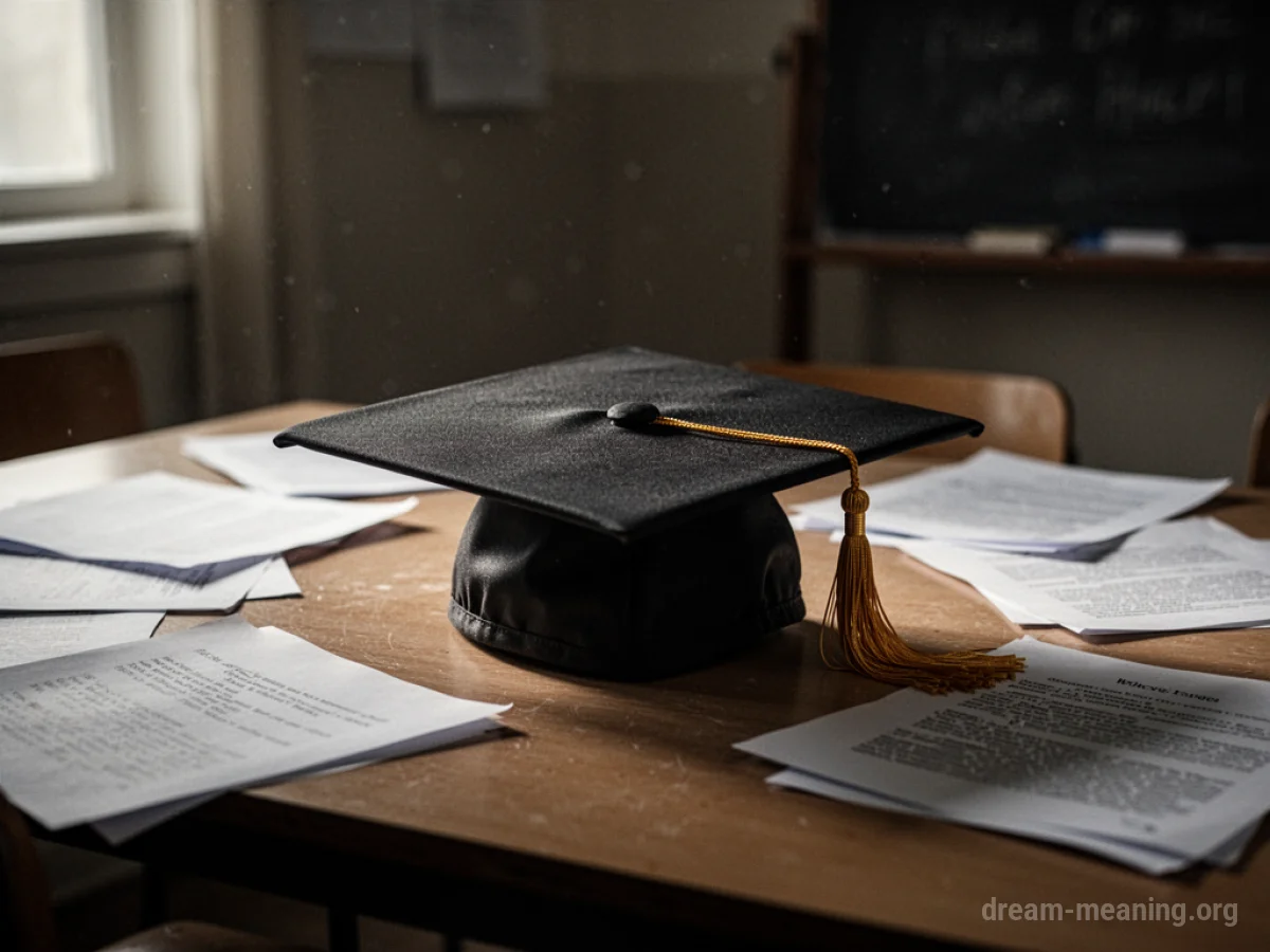 A graduation cap on a desk with scattered papers.