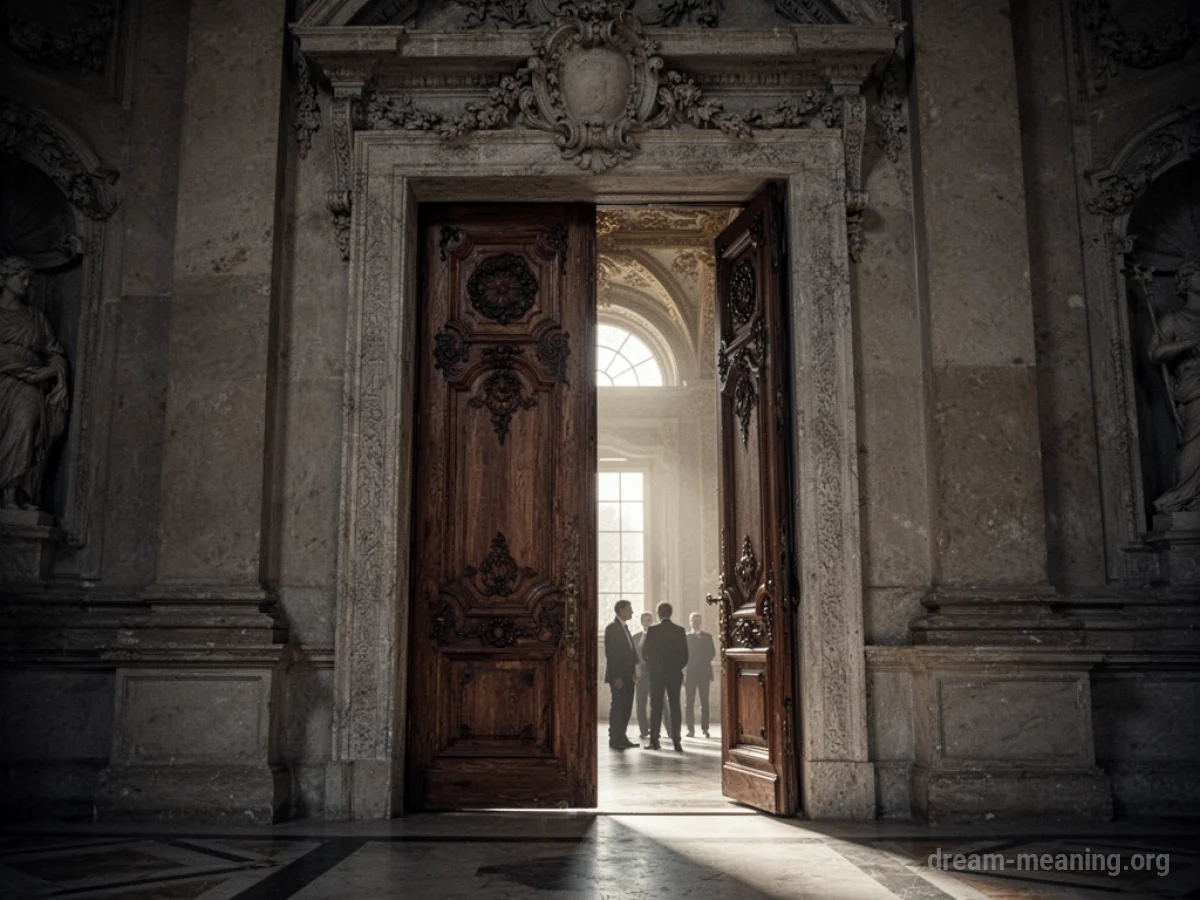 An open, ornate doorway with light shining from inside and faint silhouettes visible.