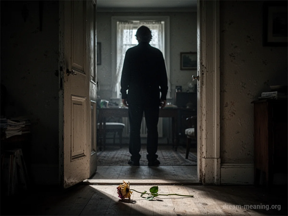Silhouette of a person looking back into a dark room from a doorway.