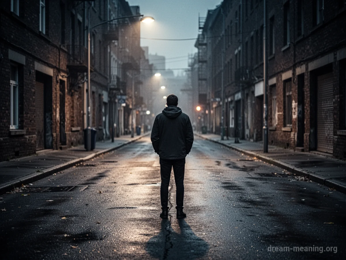 A single person stands on an empty street at dusk.