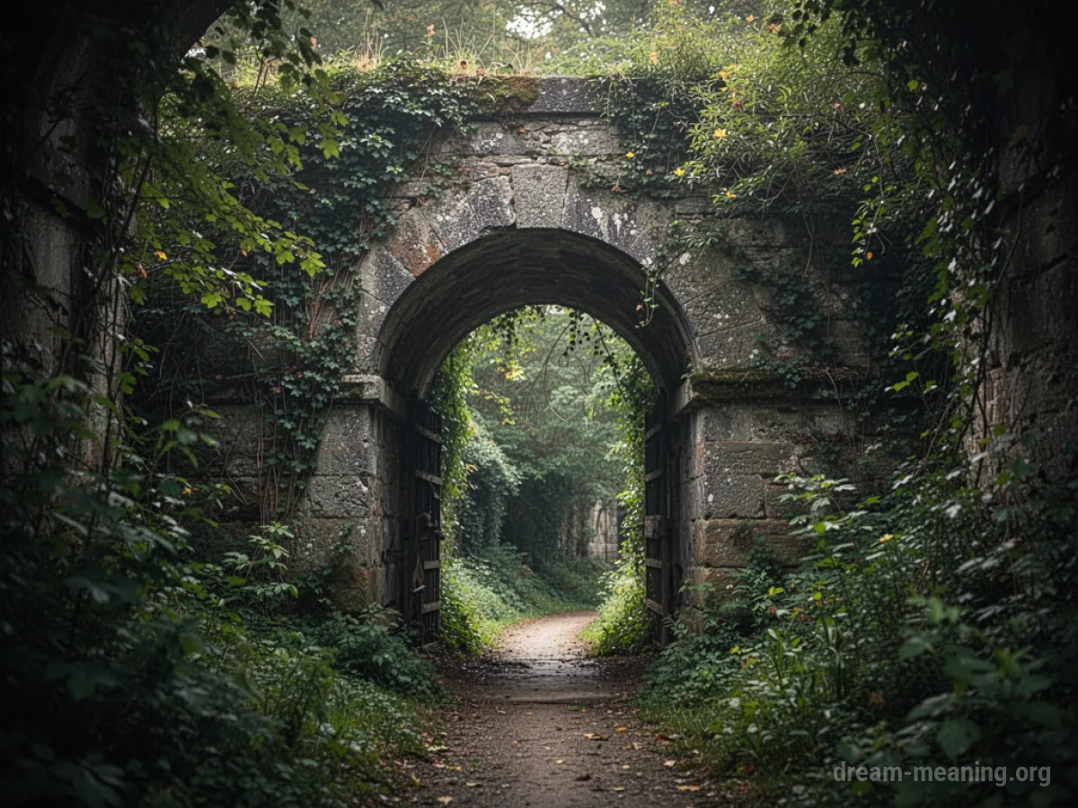 An overgrown stone archway covered in vines.