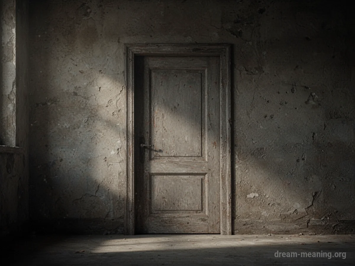 A faint doorway outline on a textured wall in low light.