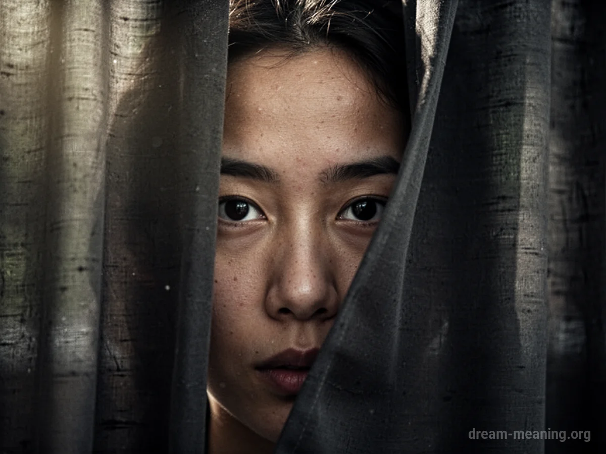 Eyes peering through a gap in a dark curtain.
