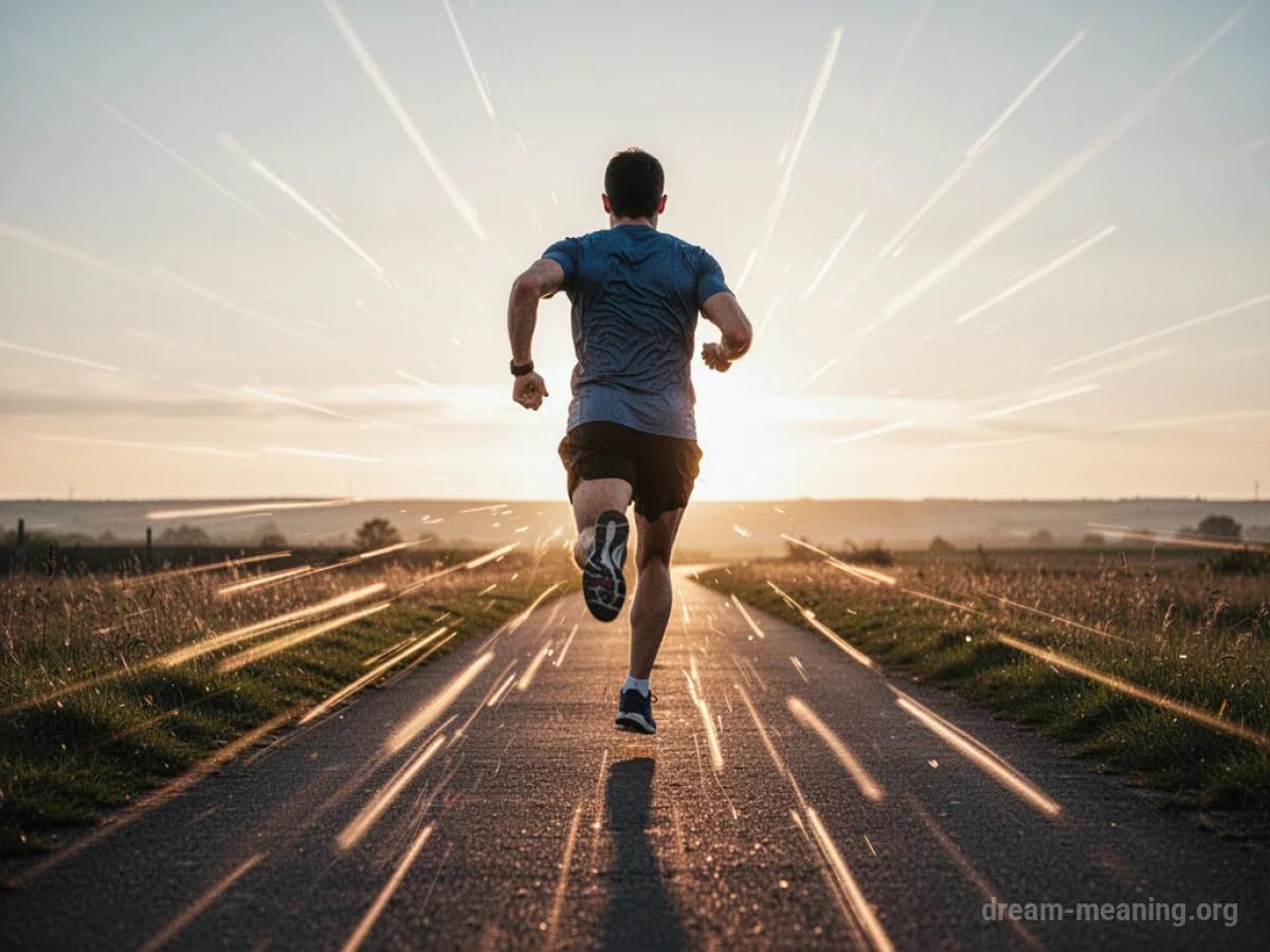 Person running towards a bright horizon with streaks of light.