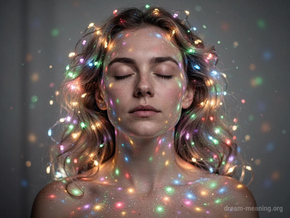 A person with closed eyes surrounded by soft, colorful light.