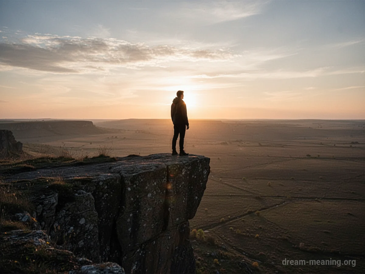 Silhouette of a person on a cliff at sunset.