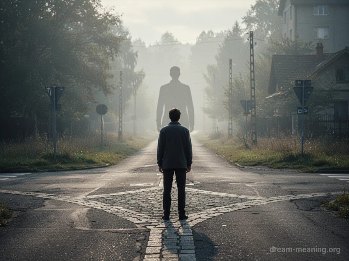 A person standing at a fork in the road, with a faint outline of another person in the distance.