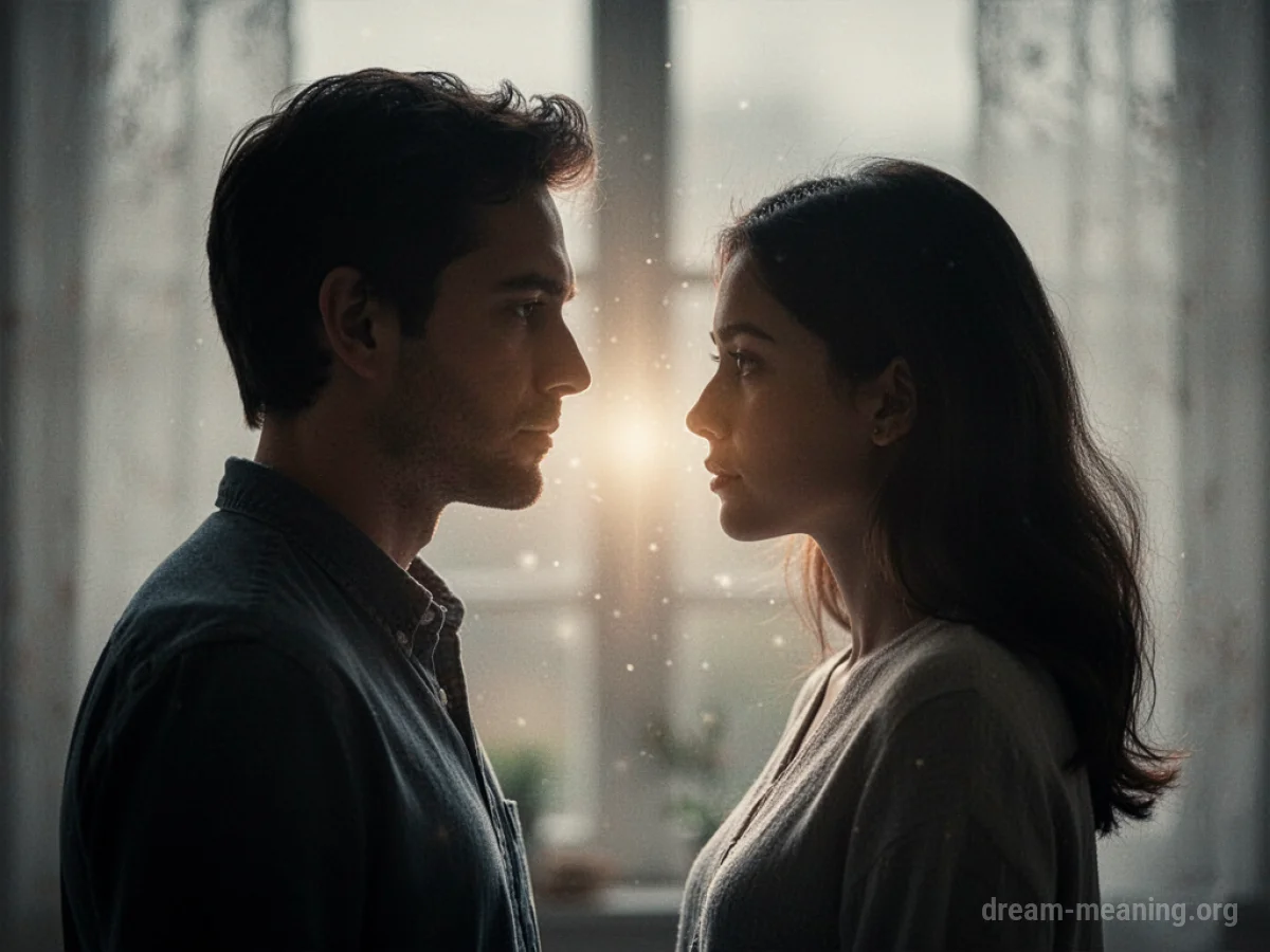 Silhouettes of a man and woman facing each other with a soft light between them.