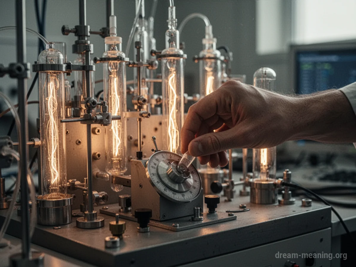 A hand adjusting a dial on a scientific device.