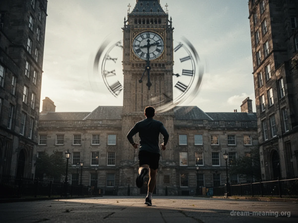 Silhouette of a person running towards a building with a clock tower.