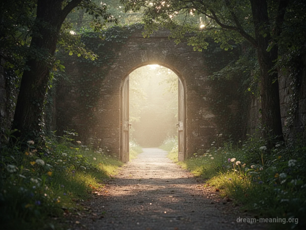 A glowing doorway at the end of a path.