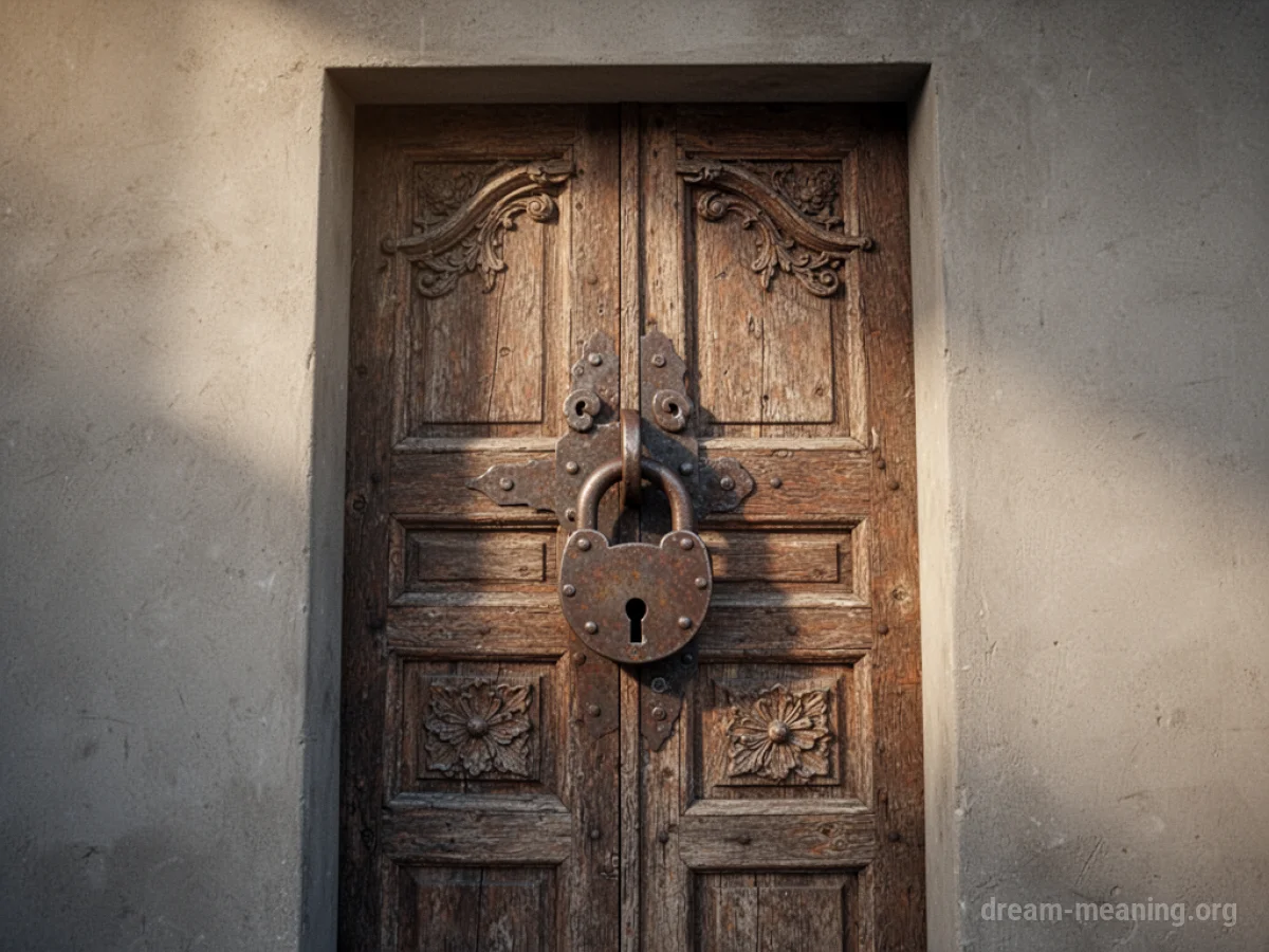 A closed wooden door with a prominent lock.