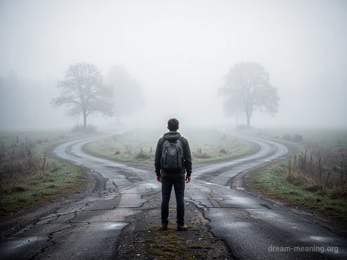 A figure stands at a foggy crossroads with several branching paths.