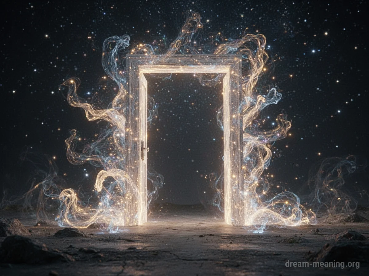 A glowing, indistinct archway against a dark, star-filled sky.