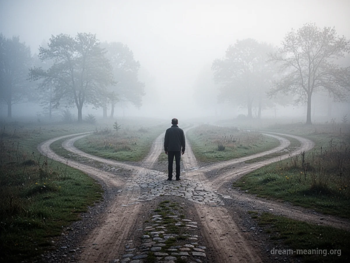 A person at a crossroads with paths disappearing into fog.