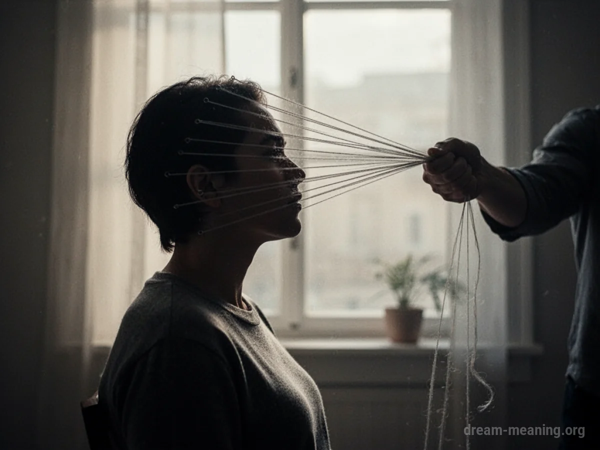 Silhouette of a person with strings connected to their head, being controlled by another.