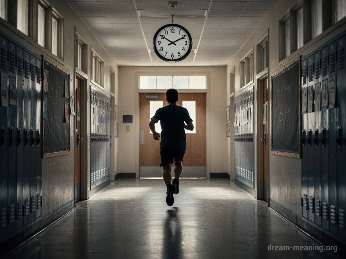 Silhouette of a person running towards a closed door in a school hallway.