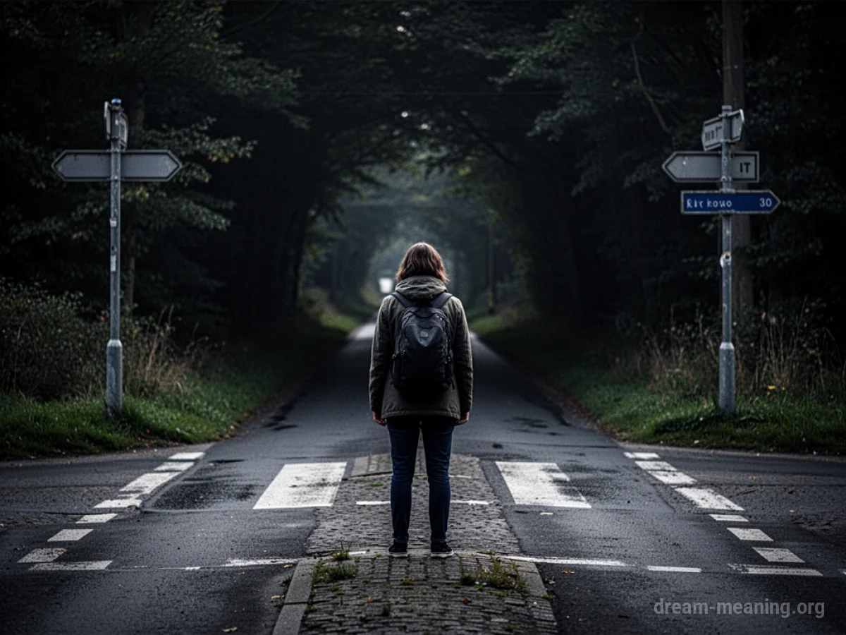 A figure stands at a dimly lit junction of paths, one path shrouded in darkness.