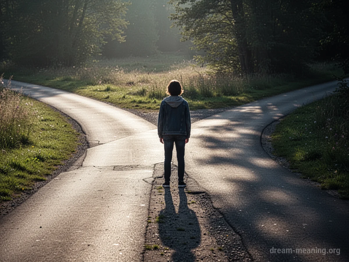 A person at a fork in the road with paths leading in different directions.